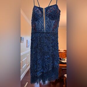 Elegant Navy Blue Beaded Prom Dress